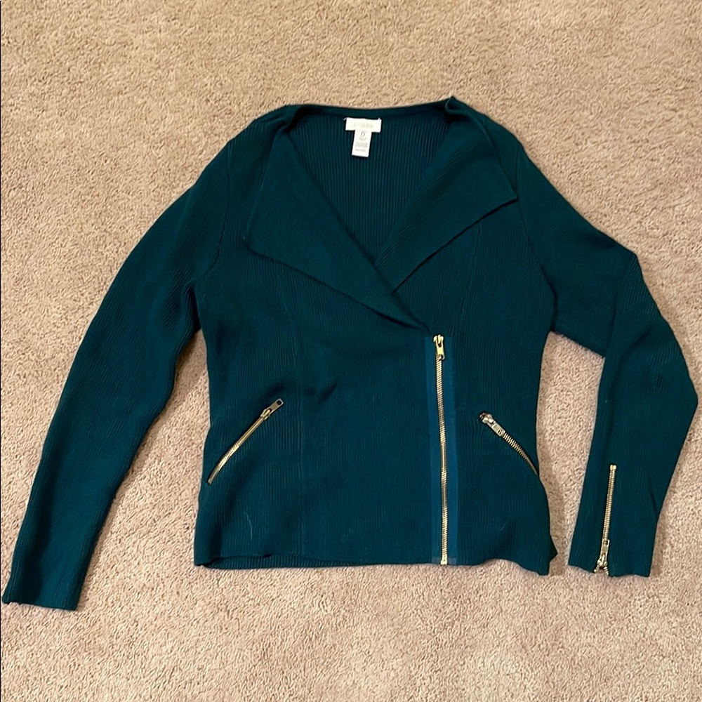 Chico’s size 0 emerald green Zip-Up sweater Jacket with Gold Accents